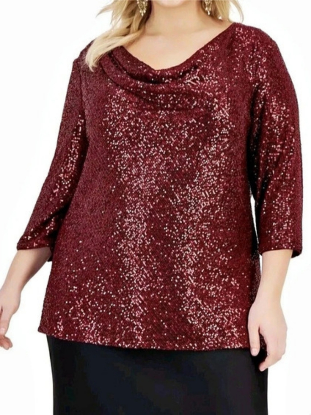 Alex Evenings Sequin Cowl Neck Top in Burgundy Size 1X NWT